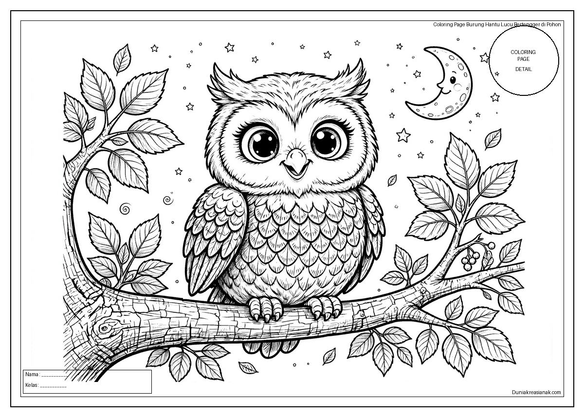 coloring page burung hantu lucu bertengger di pohon detail 1