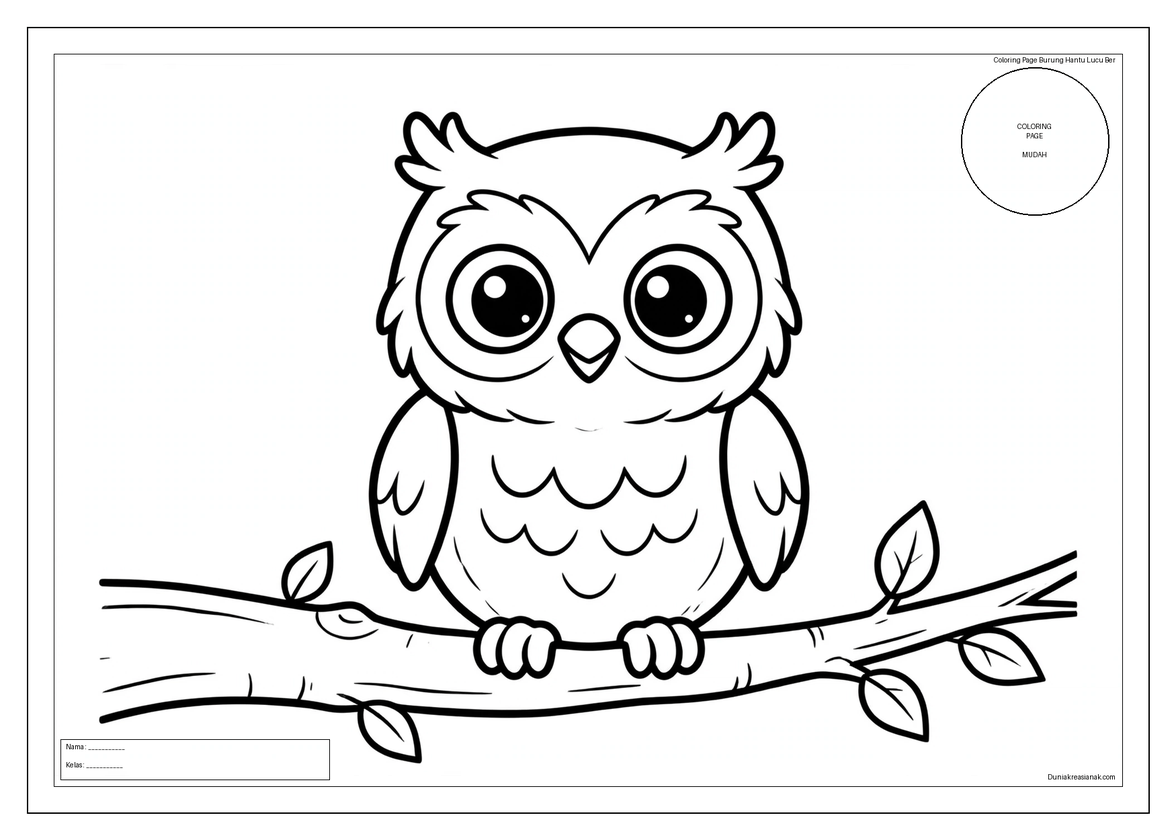 coloring page burung hantu lucu bertengger di pohon mudah