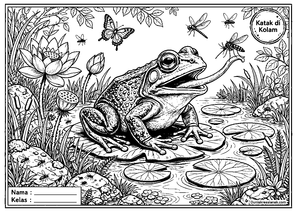 coloring page katak makan serangga detail