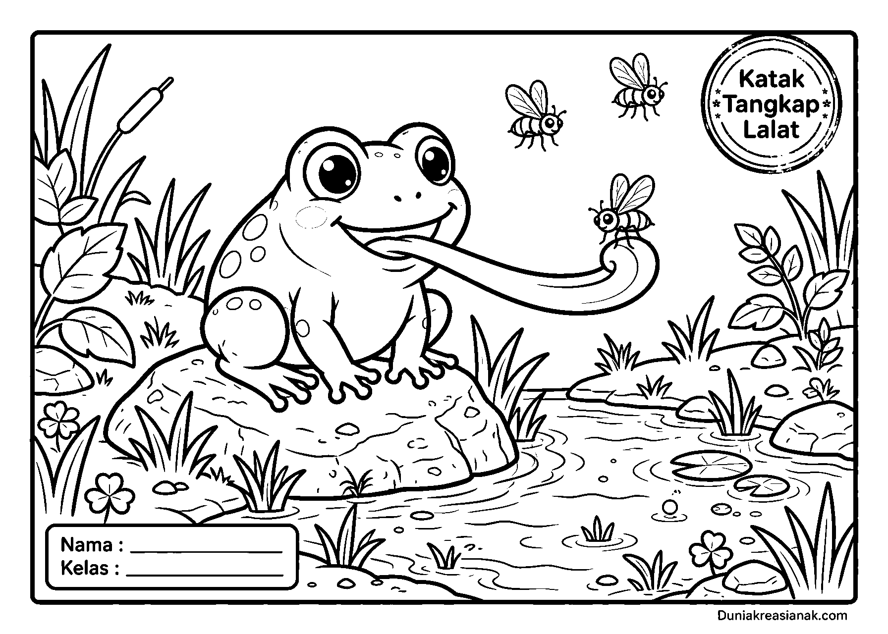 coloring page katak makan serangga sedang