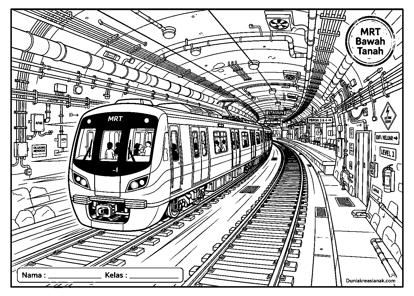 coloring page kereta mrt melaju di terowongan bawah tanah detail
