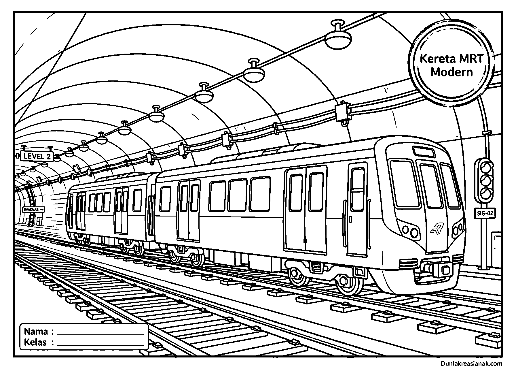 coloring page kereta mrt melaju di terowongan bawah tanah mudah