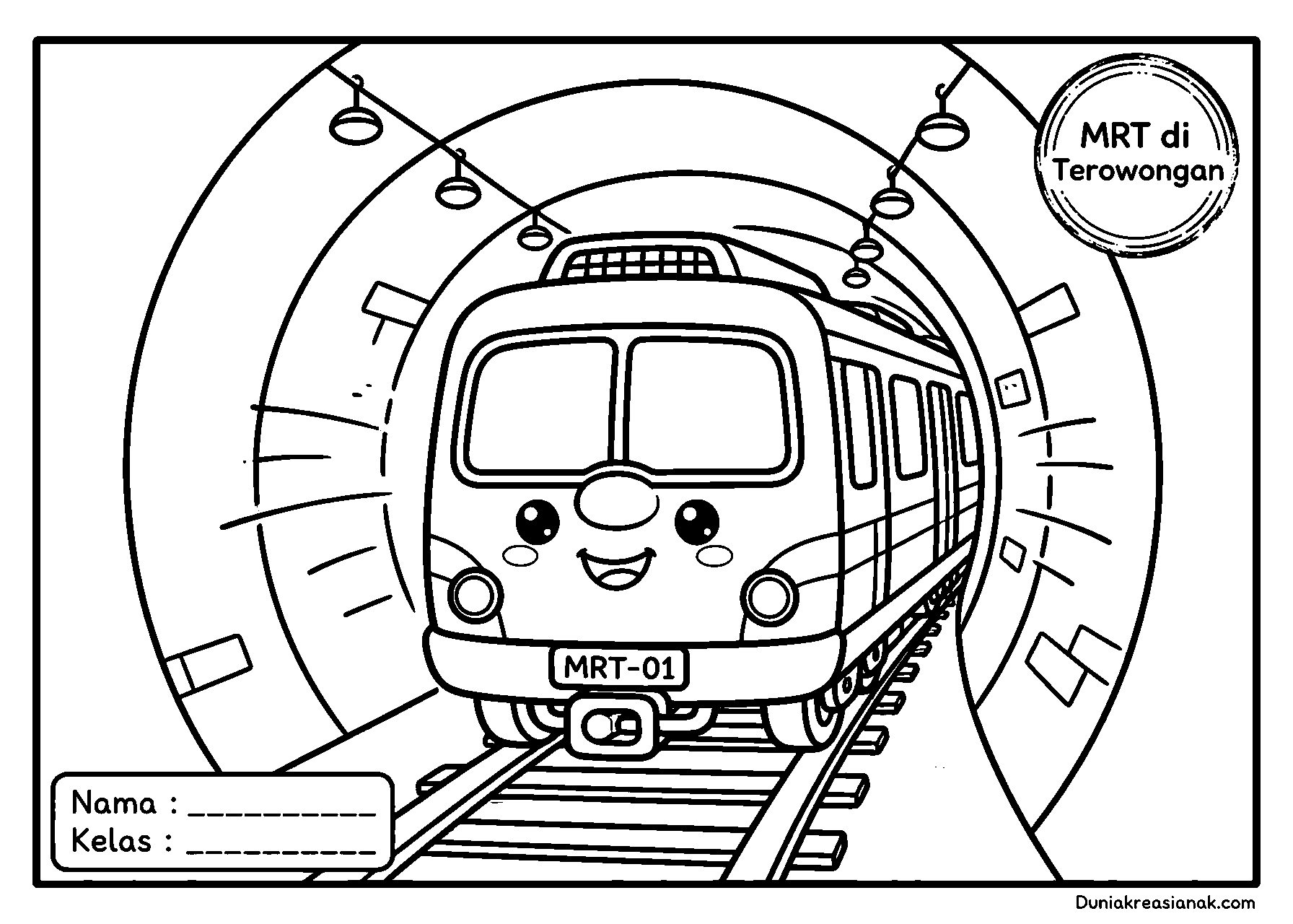 coloring page kereta mrt melaju di terowongan bawah tanah sedang