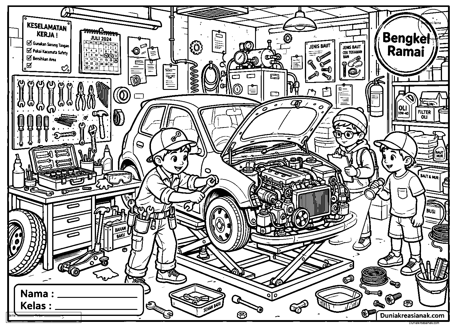 Coloring Page Montir Cilik di Bengkel 3 coloring page montir cilik di bengkel detail