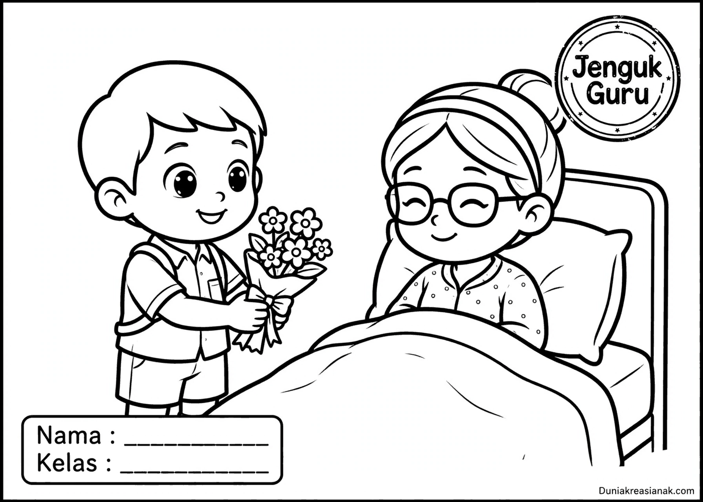 coloring page murid jenguk guru sakit mudah
