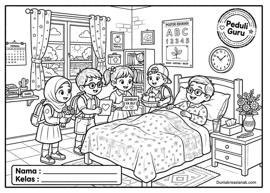 coloring page murid jenguk guru sakit sedang