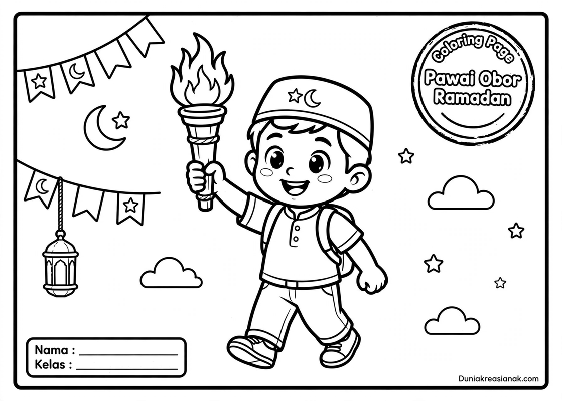 coloring page pawai obor ramadan anak laki level mudah