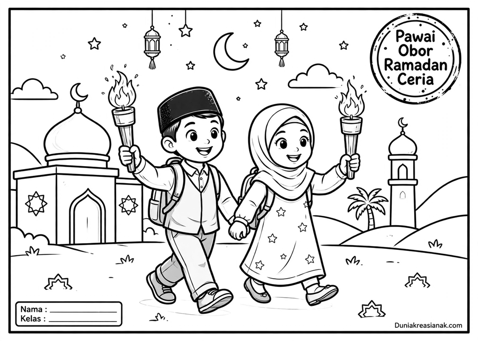 coloring page pawai obor ramadan ceria level menengah