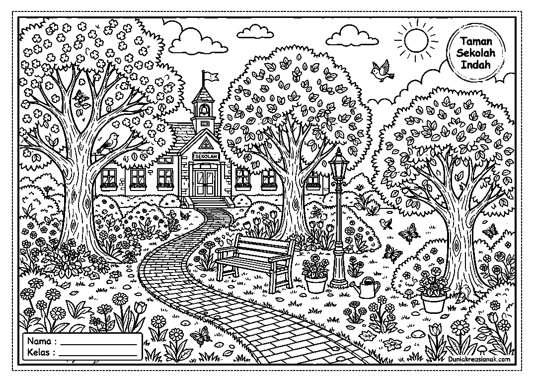 coloring page pemandangan taman sekolah detail