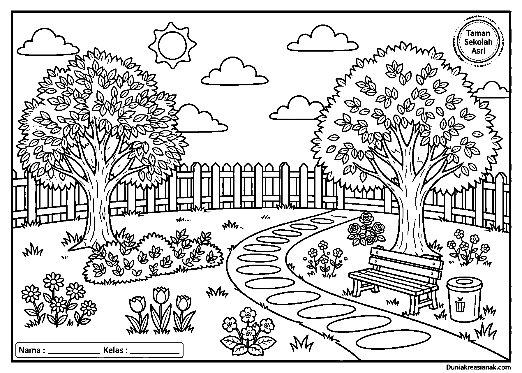 coloring page pemandangan taman sekolah sedang