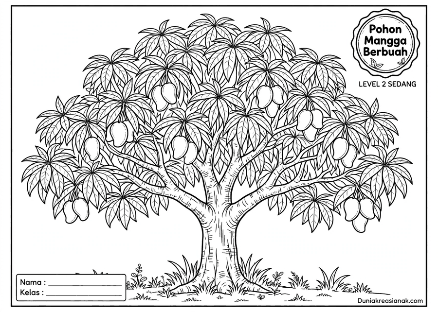 coloring page pohon mangga berbuah sedang level 2