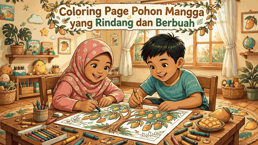 coloring page pohon mangga yang rindang dan berbuah featured