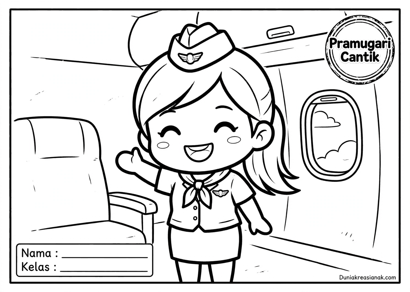 Coloring Page Pramugari Sedang Bertugas di Pesawat 2 coloring page pramugari cantik mudah