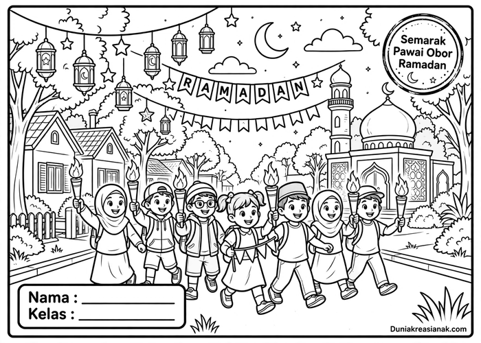 coloring page semarak pawai obor ramadan detail level sulit
