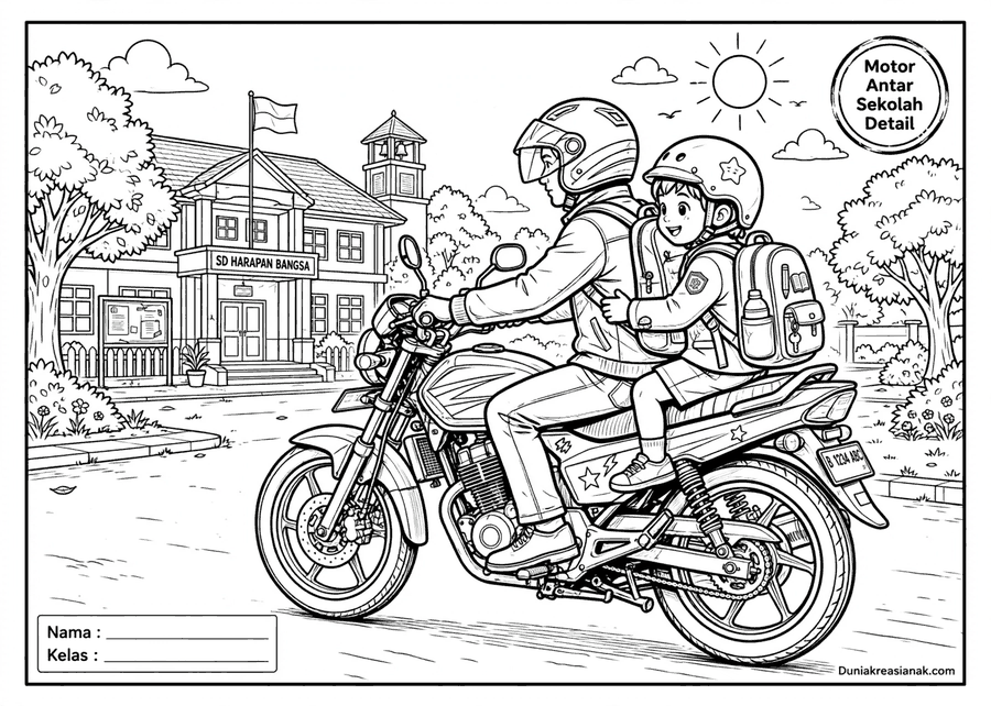 coloring page sepeda motor antar sekolah detail level 3