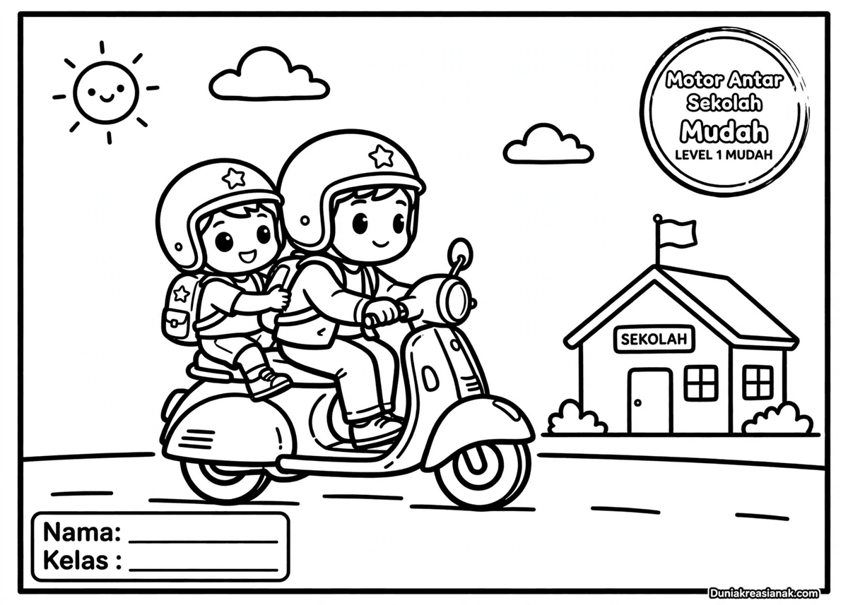 coloring page sepeda motor antar sekolah mudah level 1