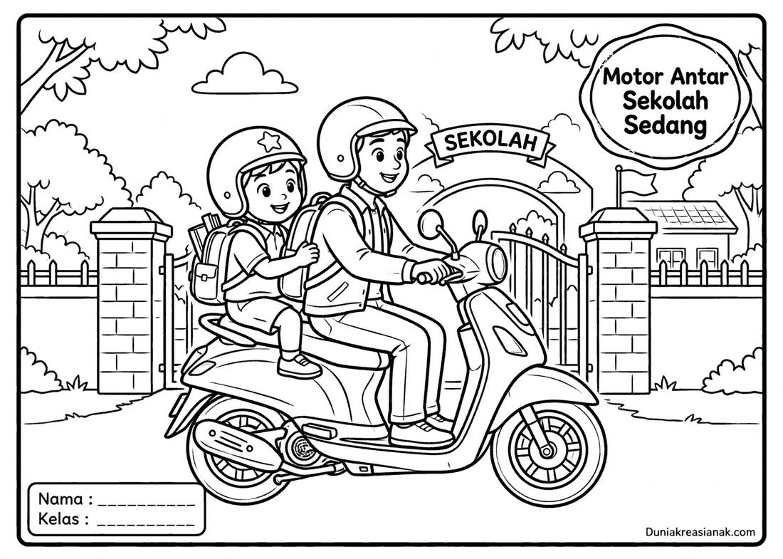 coloring page sepeda motor antar sekolah sedang level 2