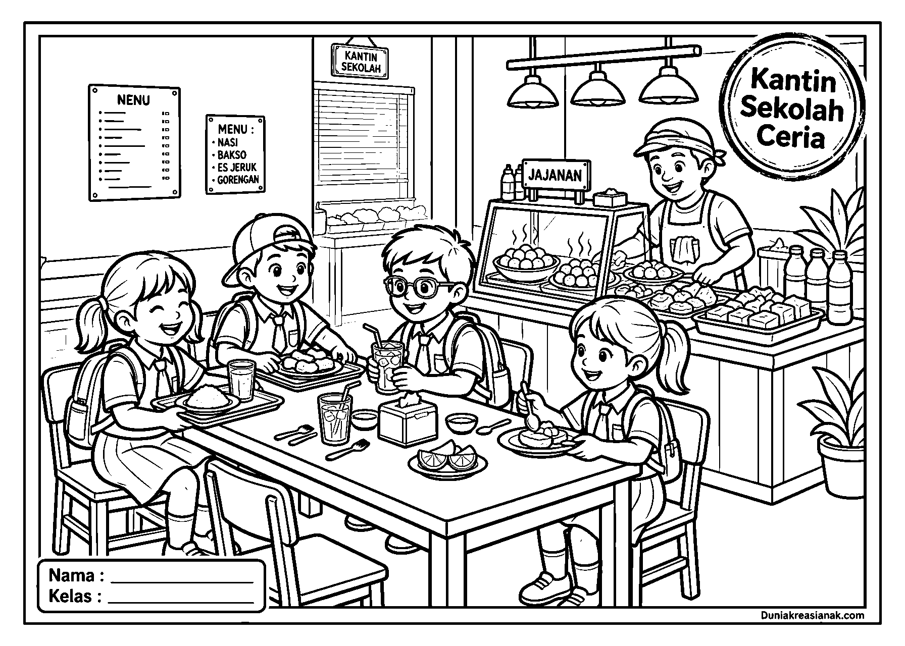 coloring page serunya bermain di kantin sekolah detail