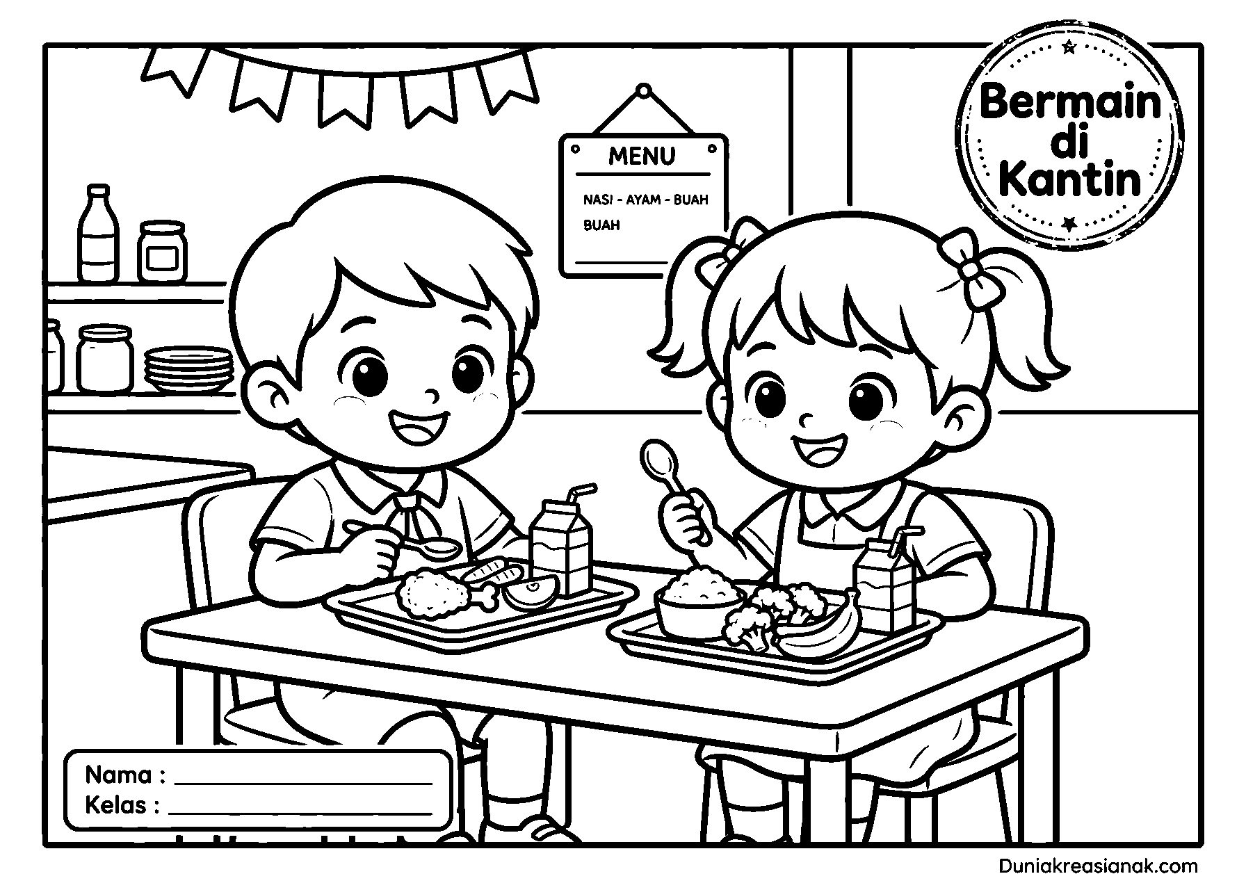 coloring page serunya bermain di kantin sekolah mudah