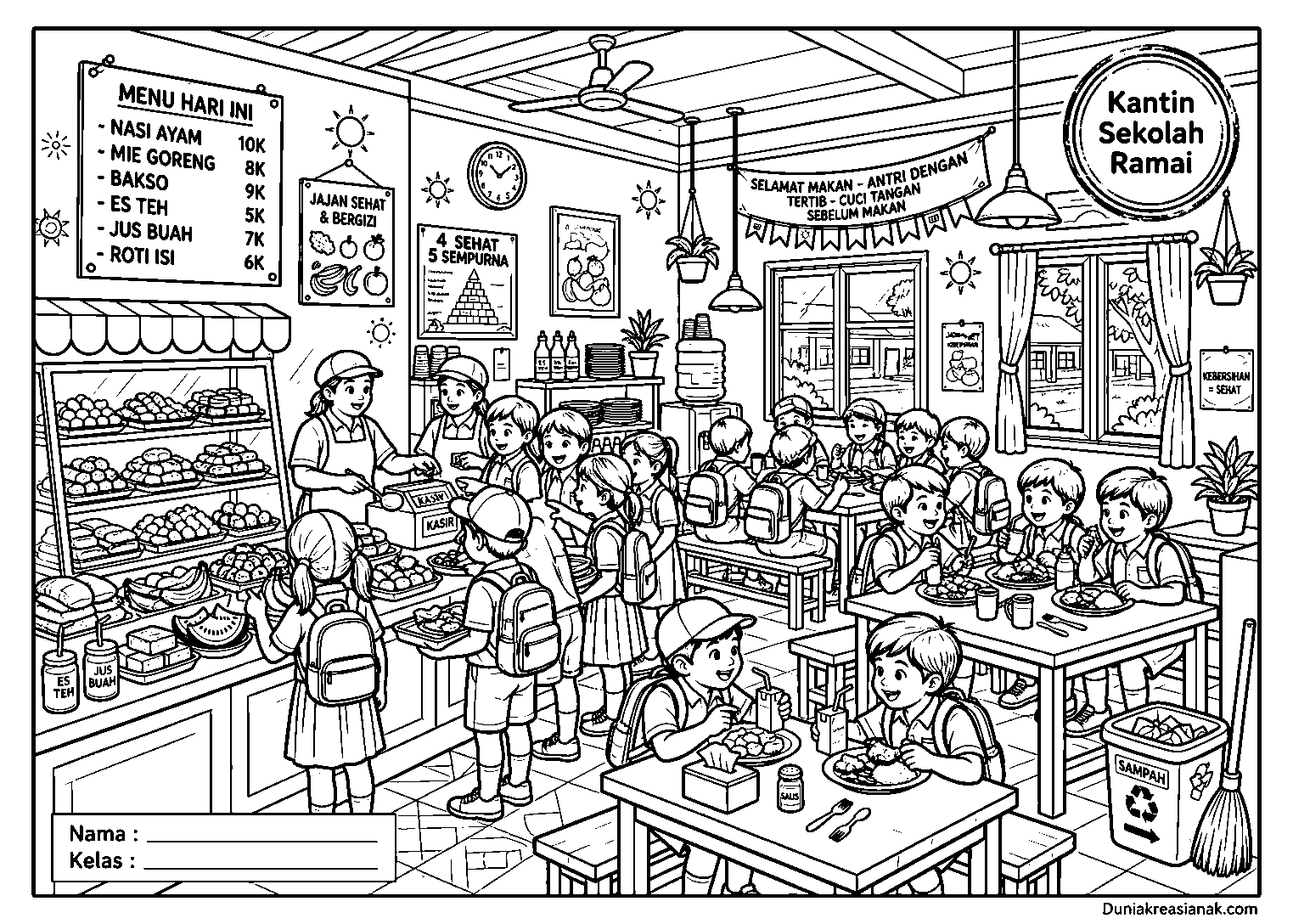 coloring page serunya bermain di kantin sekolah sedang