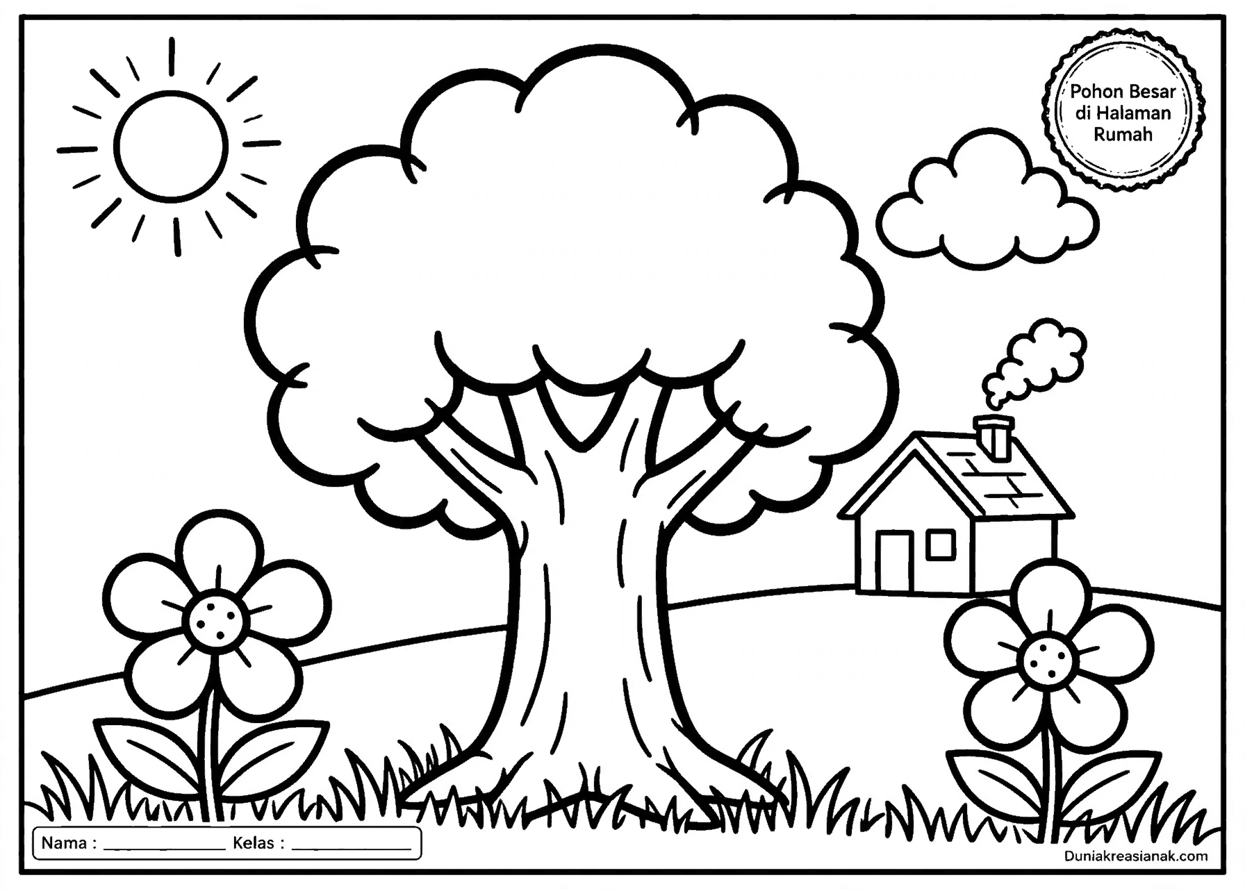 Coloring Page Alam di Sekitar Rumah 2 pohon besar di halaman rumah